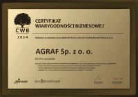 Złoty Certyfikat Wiarygodności Biznesowej – CWB 2014
